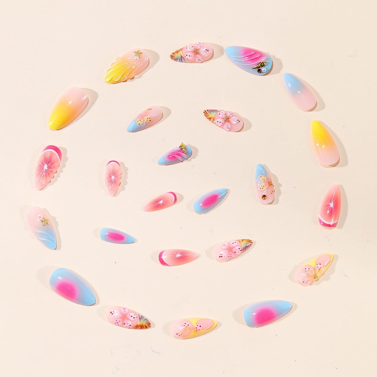 Plalely 3D flower press-on false nails in almond shape, long style, with 24-piece set featuring floral design.
