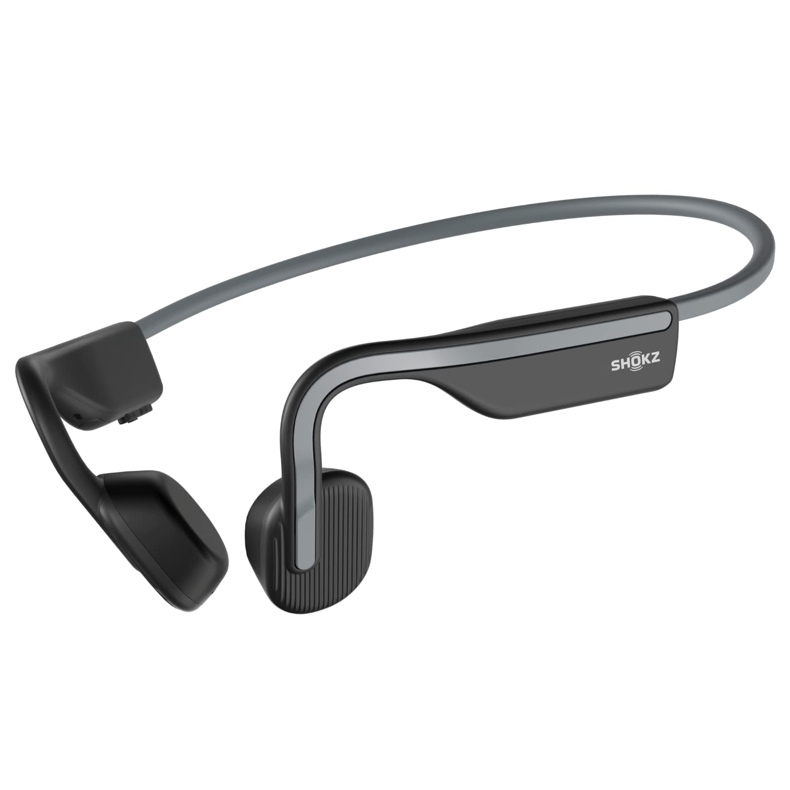 SHOKZ OpenMove open-ear Bluetooth sport headphones in grey, bone conduction wireless earphones with sweatproof design for running and workouts.