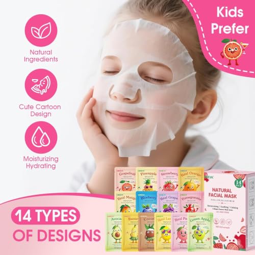 14 Pack Fruit Face Masks Skincare for Kids, Sheet Hydrating - Product Imagery
