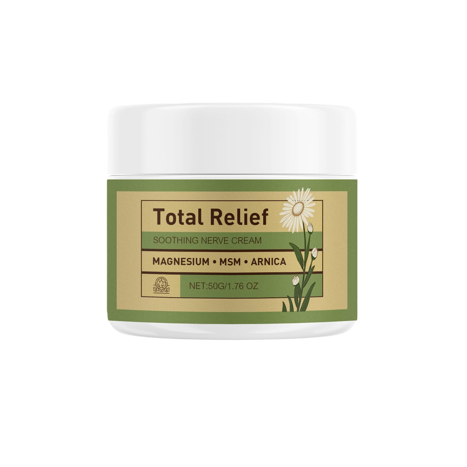 UKJGDI Magnesium MSM Arnica soothing body cream in 1.76 oz jar, moisturizing and calming skin with natural ingredients.