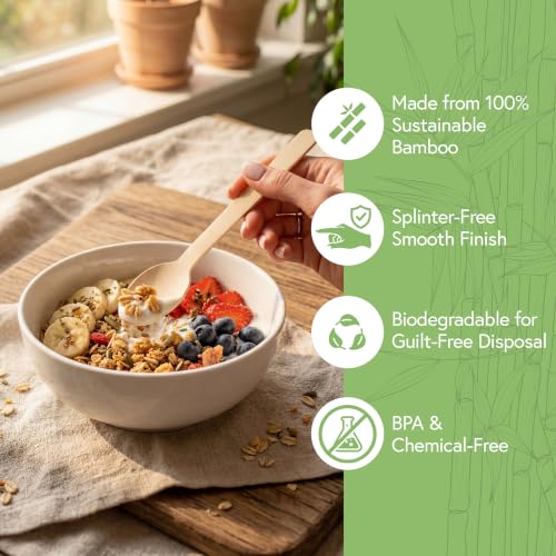 100% Bamboo Spoons, 100 Pack, Compostable Cutlery - Product Imagery