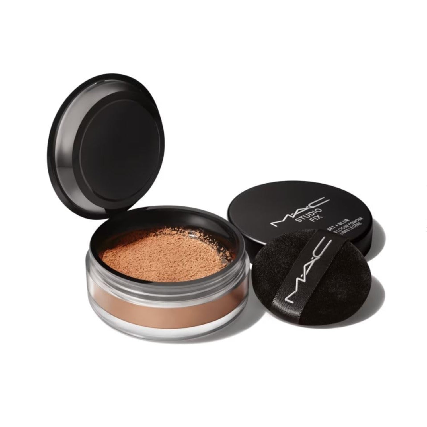 MAC Studio Fix Pro Set with Blur Weightless Loose Powder in Deep Dark, featuring compact powder and applicator brush.