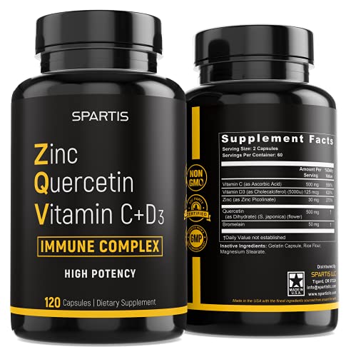 Zinc Quercetin 500mg with Vitamin C Vitamin D3 Bromelain Immune - Product Imagery