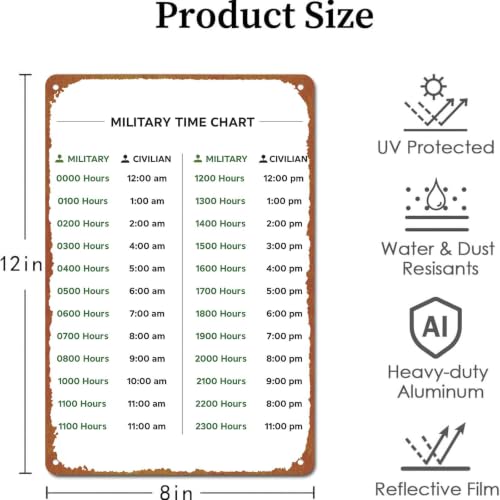 8x12 Inch Aluminum Military Time Conversion Chart, Metal Wall - Product Imagery