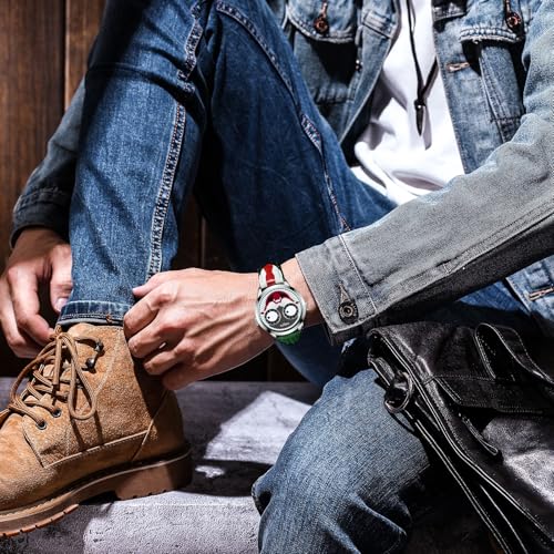 NIBOSI Men's Analog Watch, Green Red Leather Strap, Clown Dial - Product Imagery