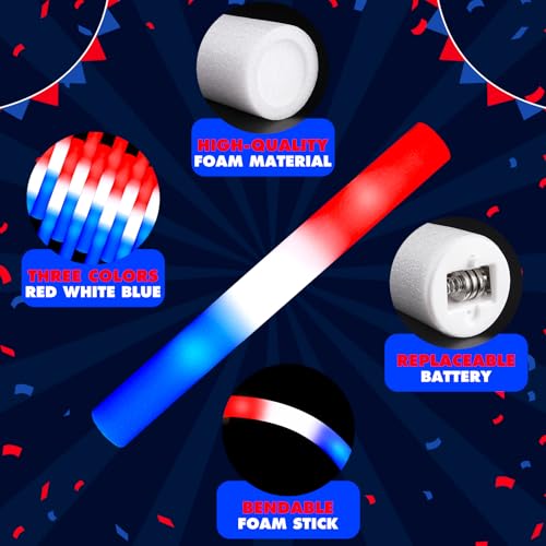 46 PCS 4th of July Foam Glow Stick Pack, Red White Blue Glow - Product Imagery