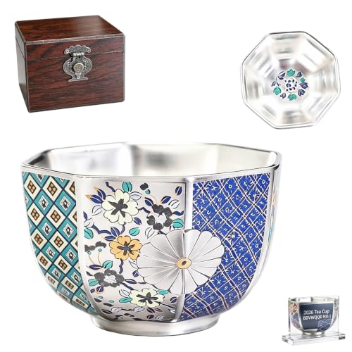 999 Pure Silver Chinese Gongfu Tea Cup, Enamel Floral Ceramic - Product Imagery