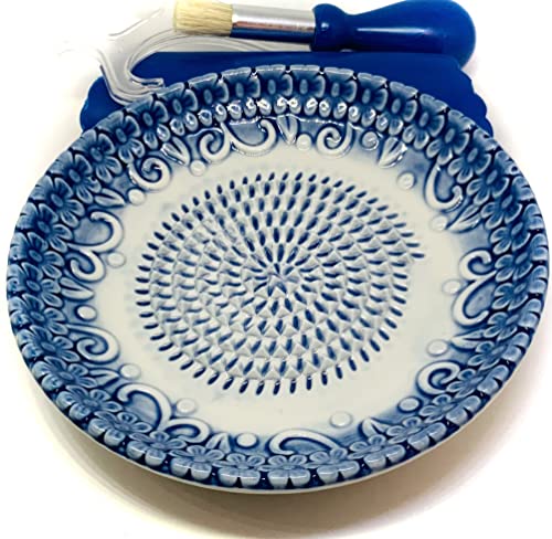 Premium Ceramic Garlic Grater Plate Set - Blue Embossed - Product Imagery