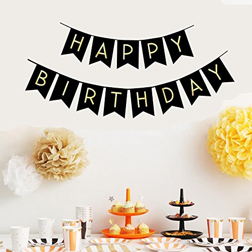 Black Happy Birthday Bunting Banner with Shiny Gold Letters - Product Imagery