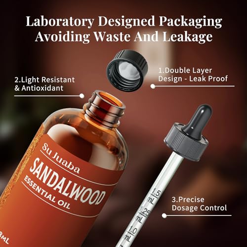 SU JUABA Sandalwood Essential Oil for Diffuser, Skin & Body, DIY - Product Imagery