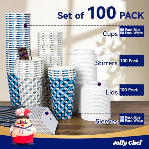 JOLLY CHEF 16 oz Coffee Cups with Lids 100 Pack, Disposable Hot - Product Imagery