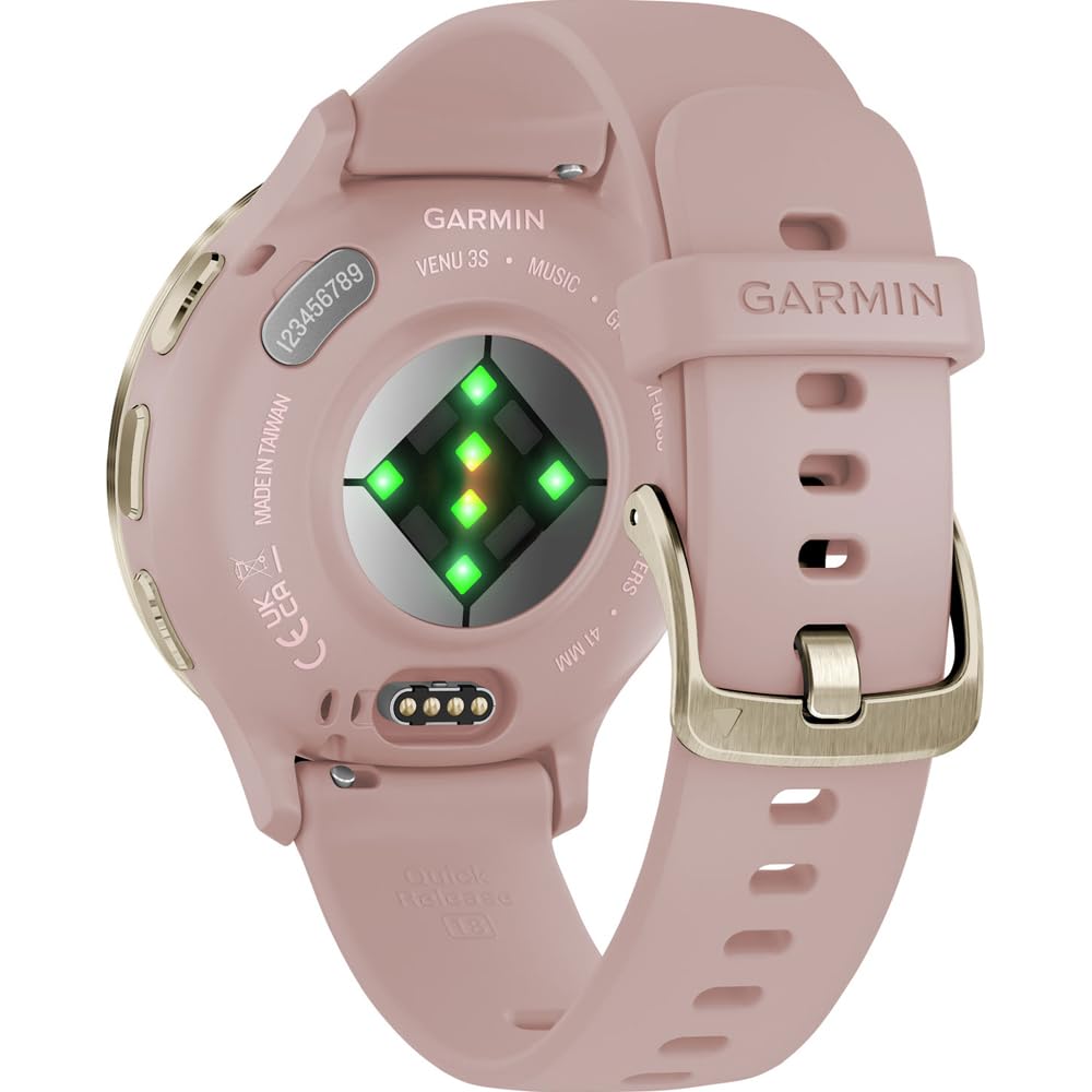Garmin Venu 3S refurbished smartwatch with soft gold stainless steel bezel, 1.2-inch AMOLED display, rose case, and band.