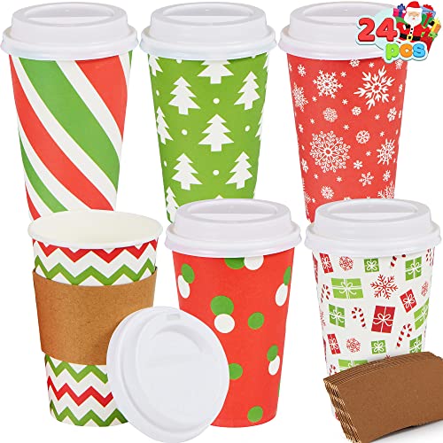 JOYIN 24 Pcs 16 oz Christmas Disposable Cups with Lids and - Product Imagery