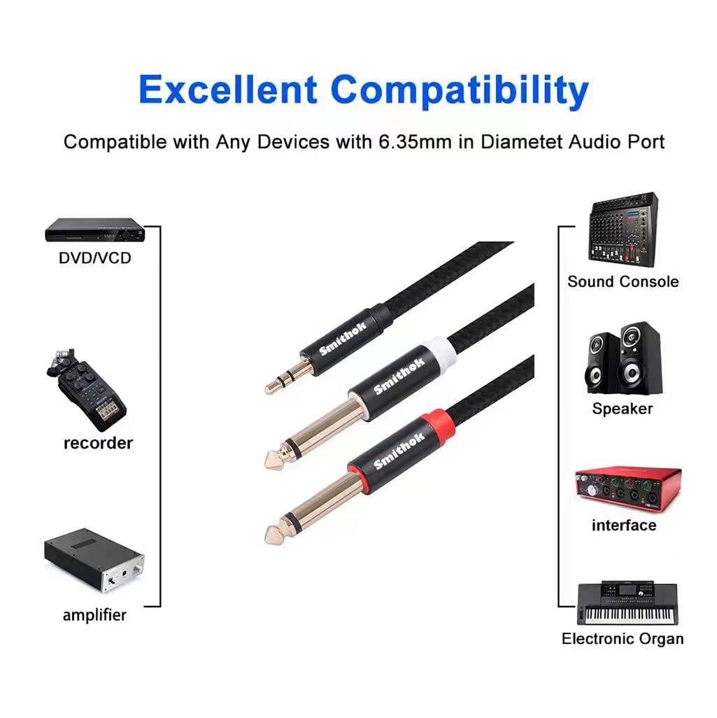 Smithok 2pack 3.3Ft 3.5mm TRS to Dual 6.35mm Stereo Cable 1/8 TRS by Smithok - Angle View 4