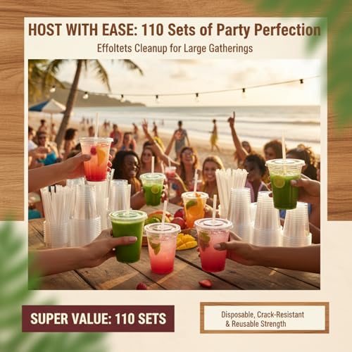 110 Pack 16 oz Disposable Clear Plastic Cups with Lids and Straws - Product Imagery