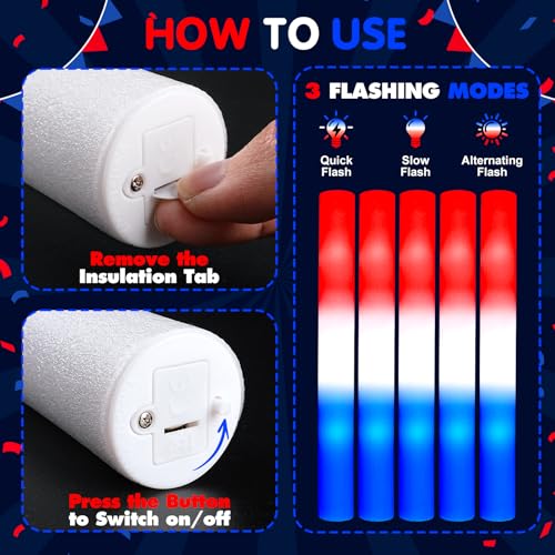 46 PCS 4th of July Foam Glow Stick Pack, Red White Blue Glow - Product Imagery