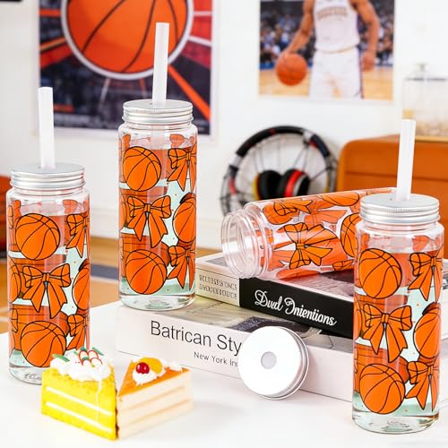 24 Pack 14.2 oz Plastic Basketball Cups with Lids and Straws - Product Imagery