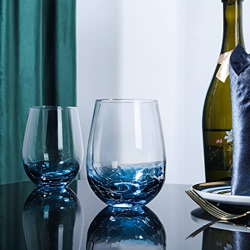 Joeyan Handmade Blue Stemless Crackle Wine Glasses Cups,Red Wine - Product Imagery