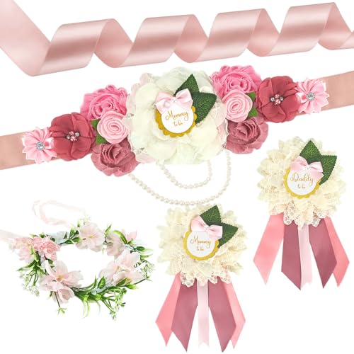 Baby Shower Sash Set Mom to Be Sash Dad to Be Pin Flower Belt - Product Imagery