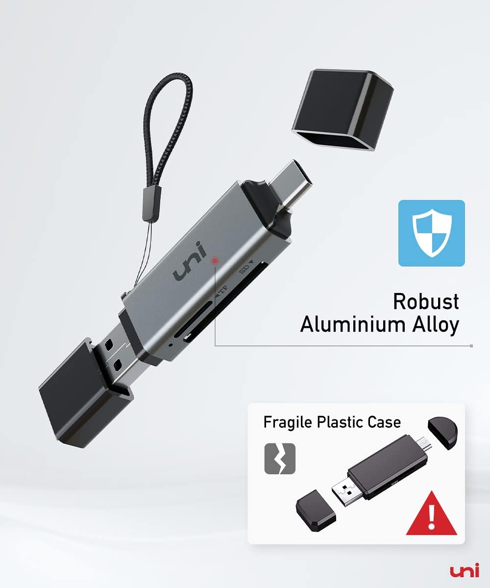 uni SD Card Reader USB C to Micro SD card adapter with dual slots for high-speed USB 3.0 data transfer.