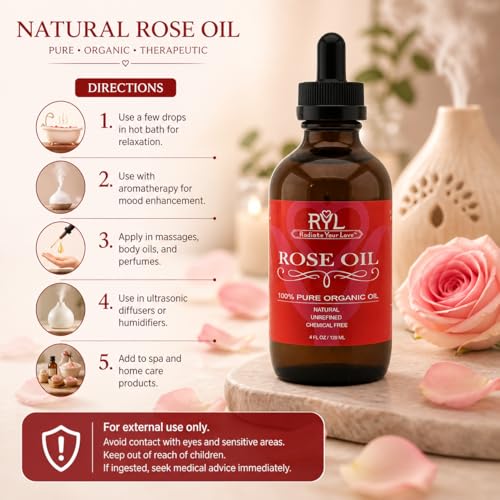 Rose Essential Oil Organic, Large 4 Fluid Ounce, 100% Pure - Product Imagery