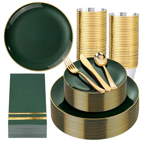 350PCS Green Plastic Plates - Disposable Green Gold Dinnerware - Product Imagery