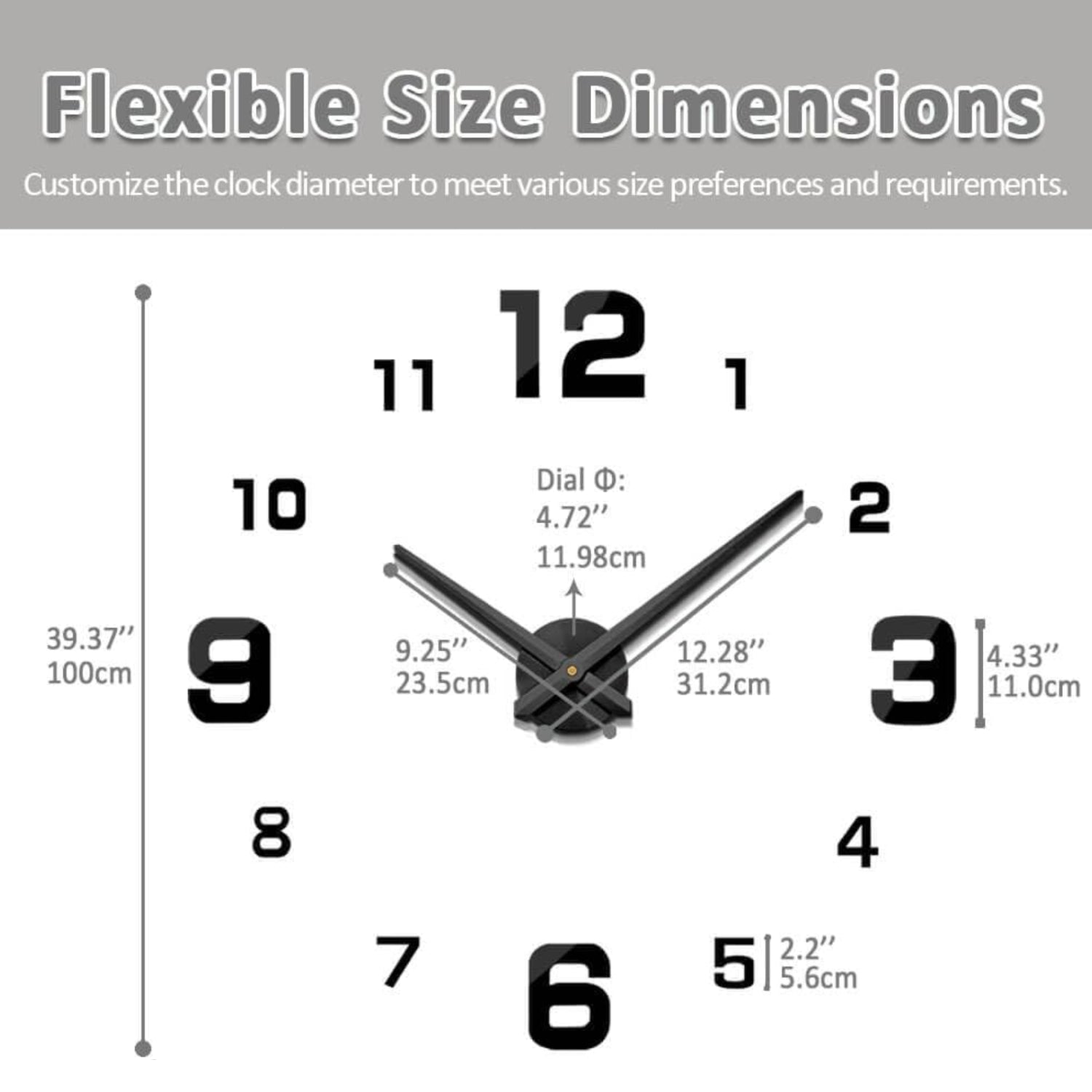 Large frameless DIY wall clock by Mintime with 3D mirror numbers, ideal for home and office wall decoration.