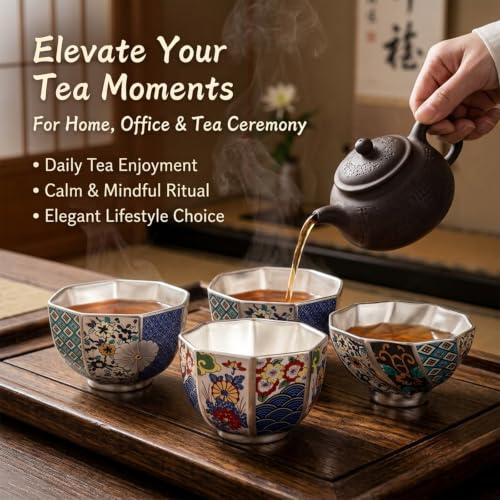 999 Pure Silver Chinese Gongfu Tea Cup, Enamel Floral Ceramic - Product Imagery