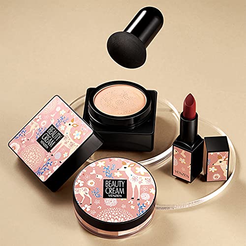 VENZEN Makeup Gift Set Ivory Cream Powder Red Lipstick Kit - VENZEN Official Imagery - 1