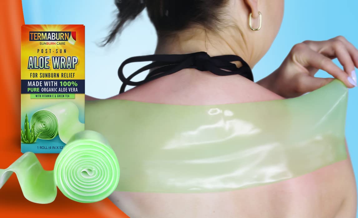 TermaBurn wearable aloe hydrogel sunburn relief wrap showing a flexible, skin-friendly gel mask applied to skin for soothing sunburn.