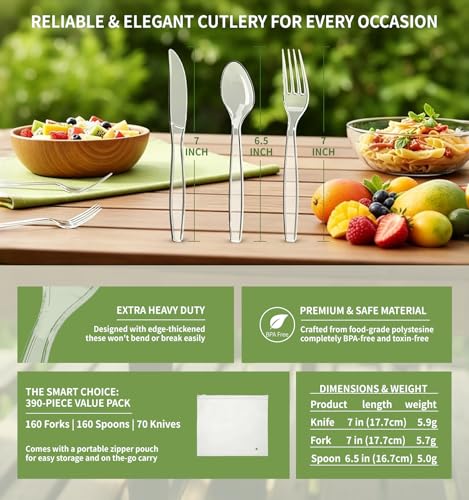390 Count Heavy Duty Disposable Clear Plastic Cutlery Set, Bulk - Product Imagery