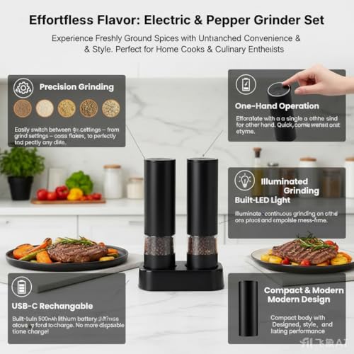 Electric Salt and Pepper Grinder Set, Ceramic - Product Imagery