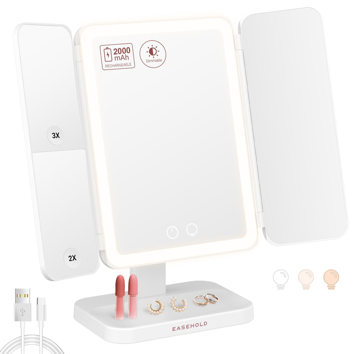 EASEHOLD 2000mAh Rechargeable Lighted Makeup Vanity Mirror - EASEHOLD Official Imagery - 2