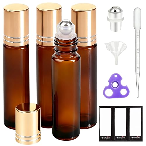 PrettyCare 4 Pack Amber Glass Oil Roller Bottles for Essential - Product Imagery