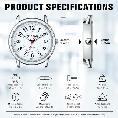 PINDOWS Nurse Watch for Women and Men, Analog Quartz with Second - Product Imagery
