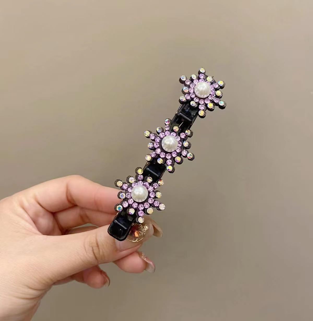 5 Pcs Crystal Stone Clips for Women, Purple Sparkling Hair Accessory with Snowflake Pearl Rhinestones, Double Layer Braided Hair Clips for Styling, Barrettes for Daily Use, Work and Parties