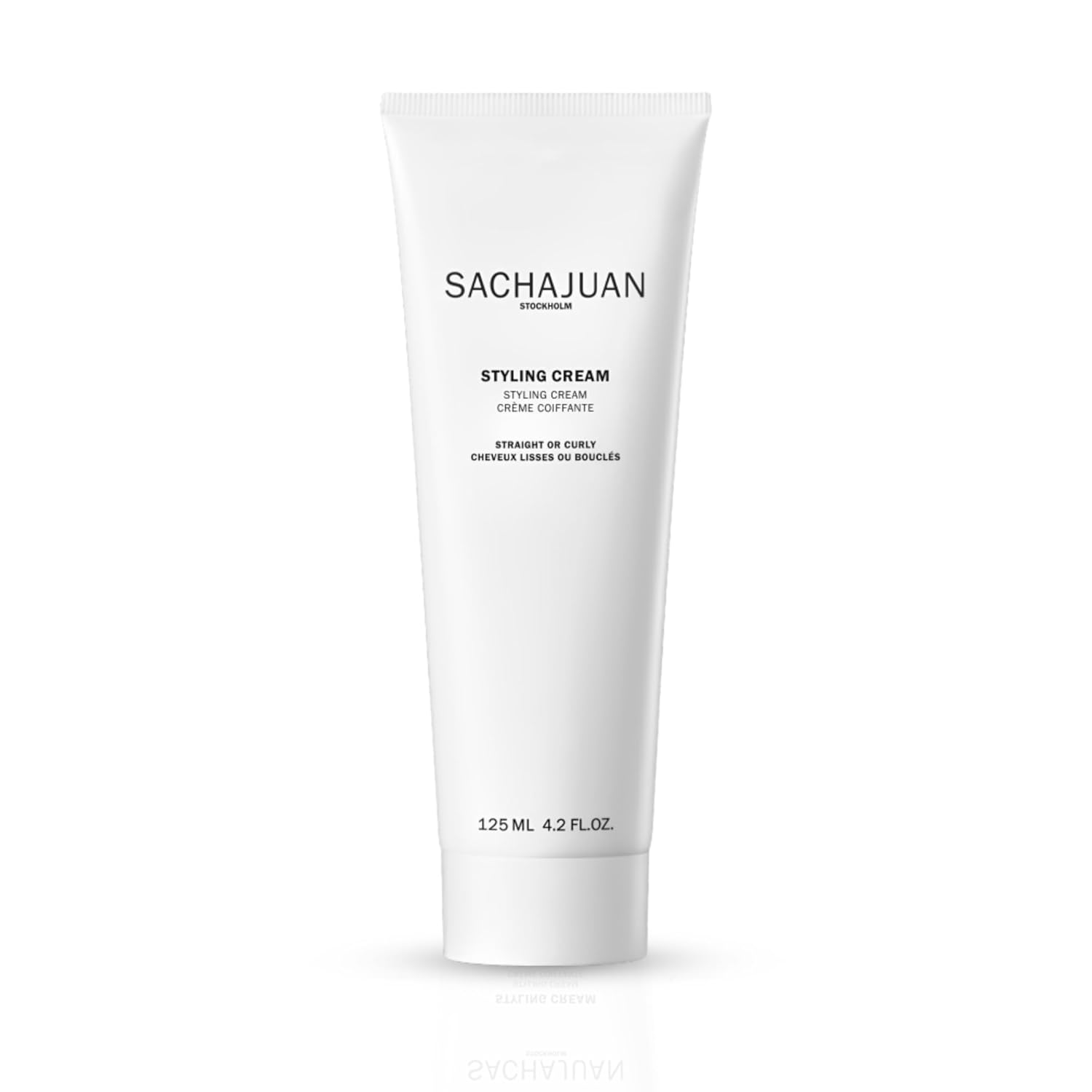 SachaJuan Styling Cream in 125ml container, suitable for straight or curly hair, with the product tube and branding visible.