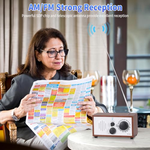Vintage Wood AM FM Bluetooth Speaker Radio Plug in Wall, Elegant - Product Imagery