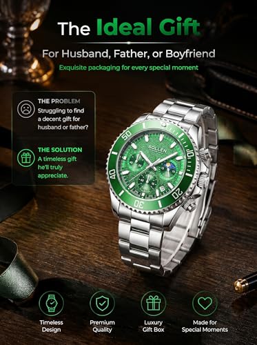 Green Men's Chronograph Watch, Dress Classic Analog Moon Phase - Product Imagery