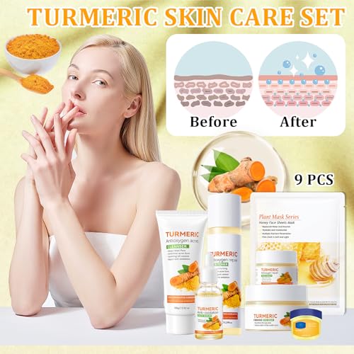 9 Pcs Turmeric Skin Care Set with Facial Cleanser,Toner,Face - Product Imagery