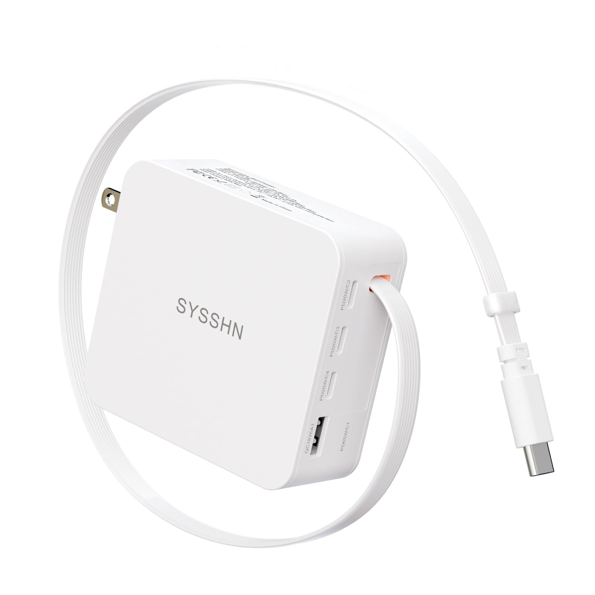 SYSSHN 65W GaN6 retractable wall charger with long USB-C cable, foldable plug, compatible with MacBook, iPhone, Samsung Galaxy, and more.
