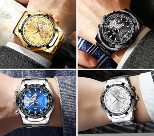 4 Pack Men's Stainless Steel Watches Waterproof Date Luminous - Product Imagery