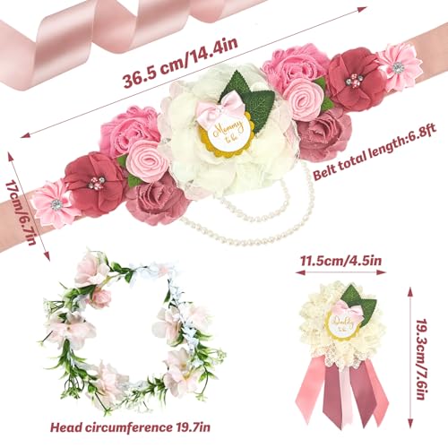Baby Shower Sash Set Mom to Be Sash Dad to Be Pin Flower Belt - Product Imagery