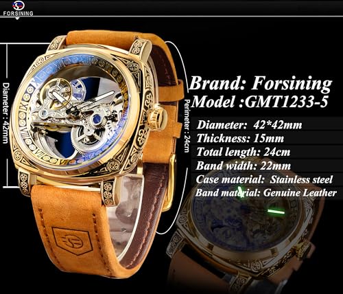 FORSINING Men's Luxury Square Carving Mechanical Watch, Retro - Product Imagery