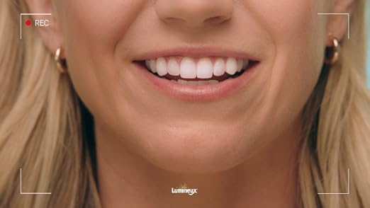 Lumineux Teeth Whitening Strips for 21 treatments, peroxide-free, showing the strips and packaging on a white background.