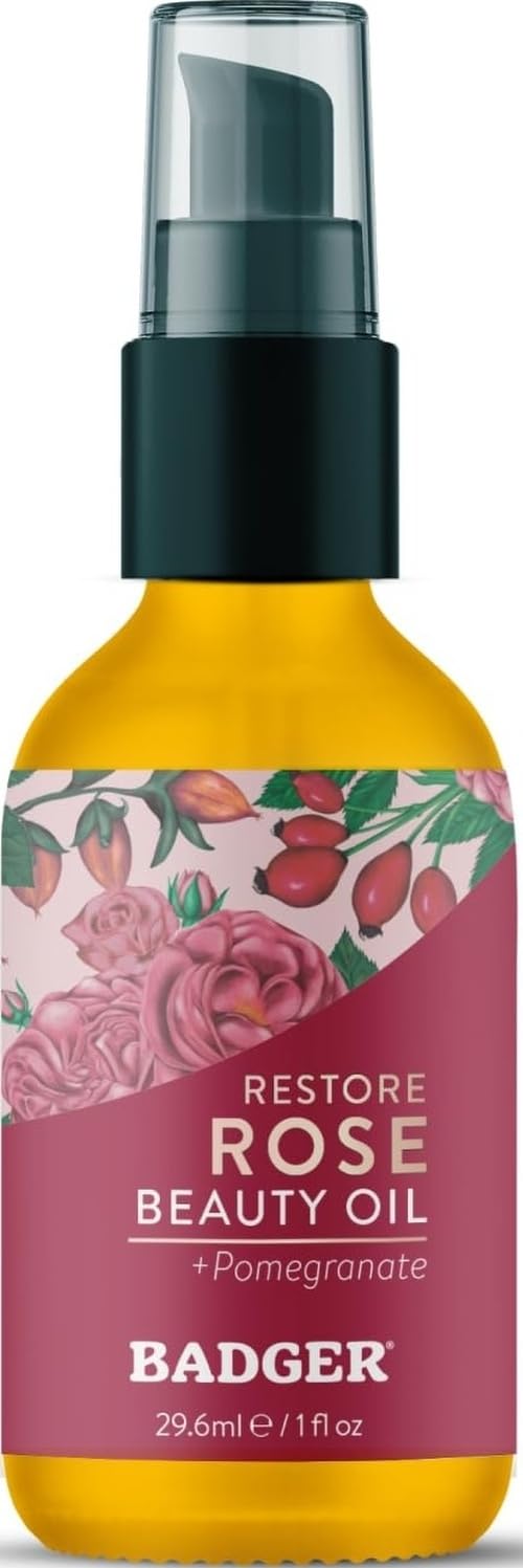Badger Organic Rose Face Oil, Calming & Hydrating, 1 fl oz Glass Bottle - Badger Official Product View 2