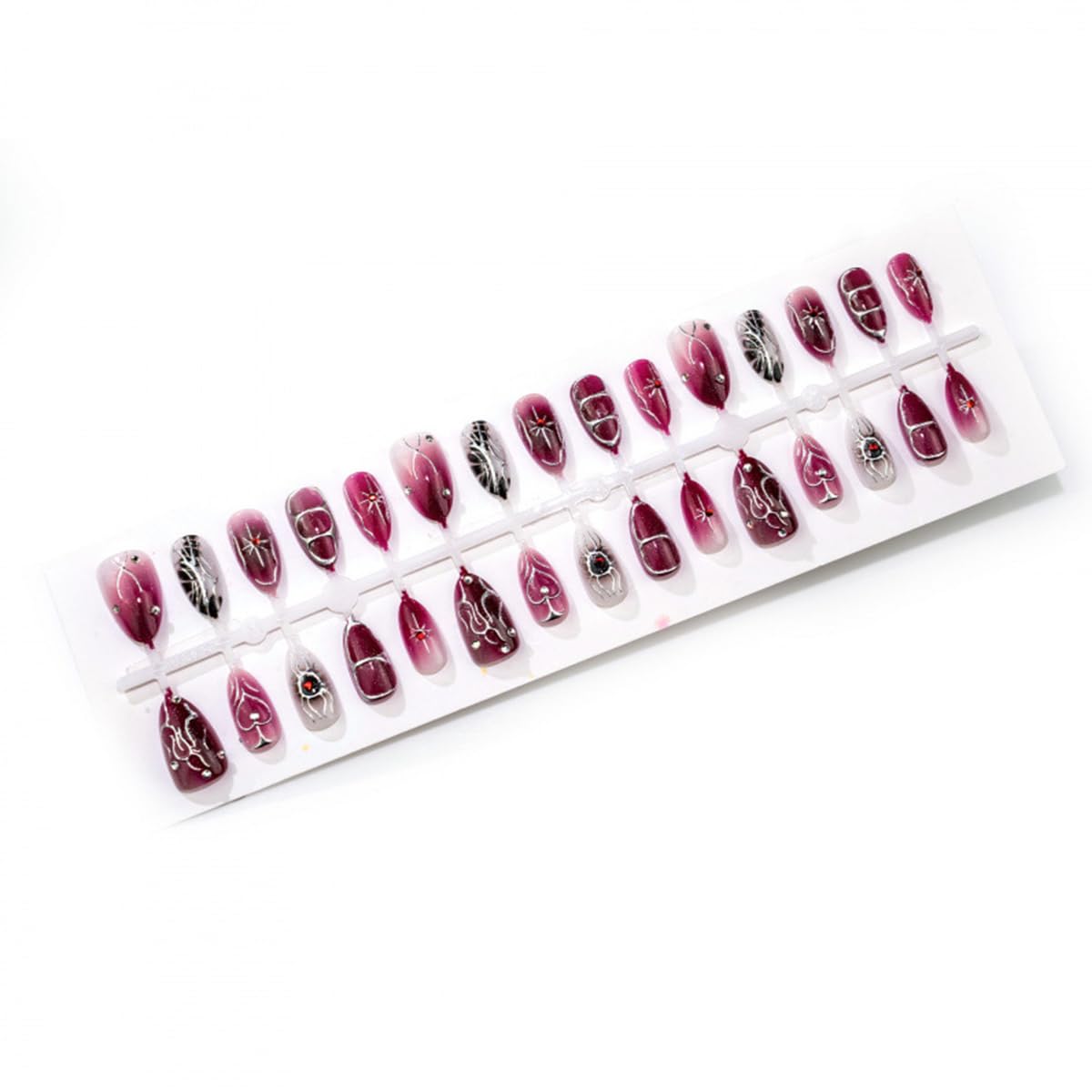 Medium almond dark purple gothic press on false nails with rhinestone star design, glossy acrylic full cover nails for women, 30 pieces.