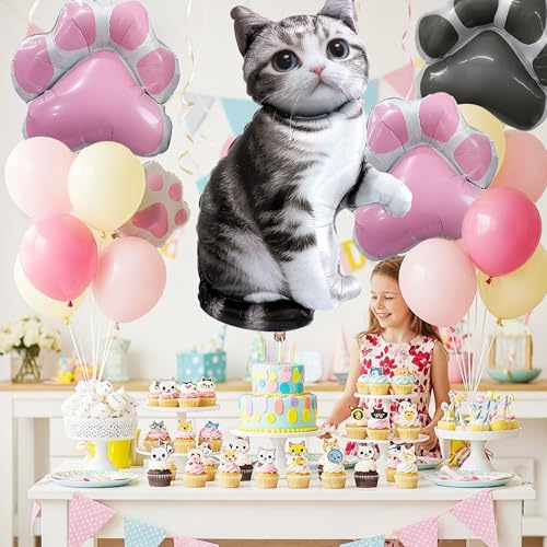 18PCS Gray Tabby Cat Balloon Set – Giant Kitten Foil Balloon, - Product Imagery