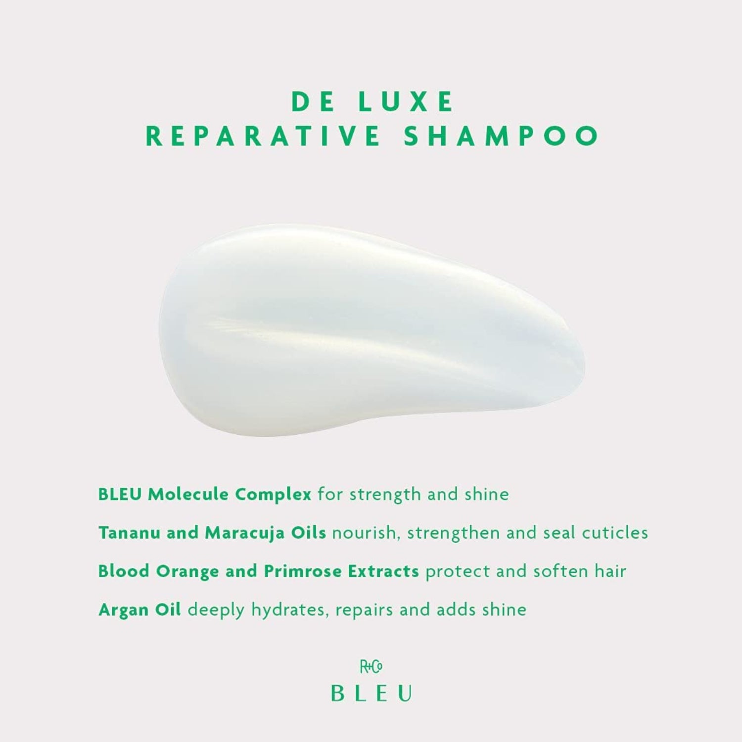 Elefair R+Co BLEU De Luxe Reparative Shampoo bottle with sleek design, highlighting hydrating and strengthening formula for hair.