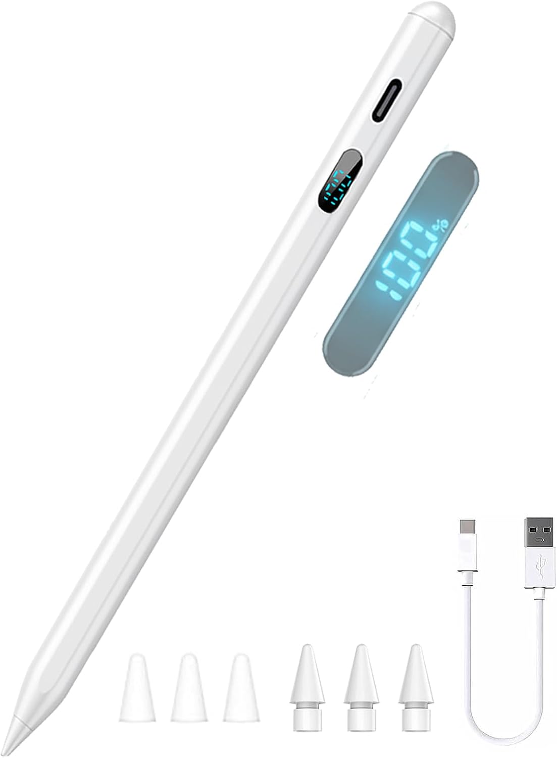 JEDOUBAL stylus pen for iPad and tablets with dual OS compatibility, LED power display, black active pencil on white background